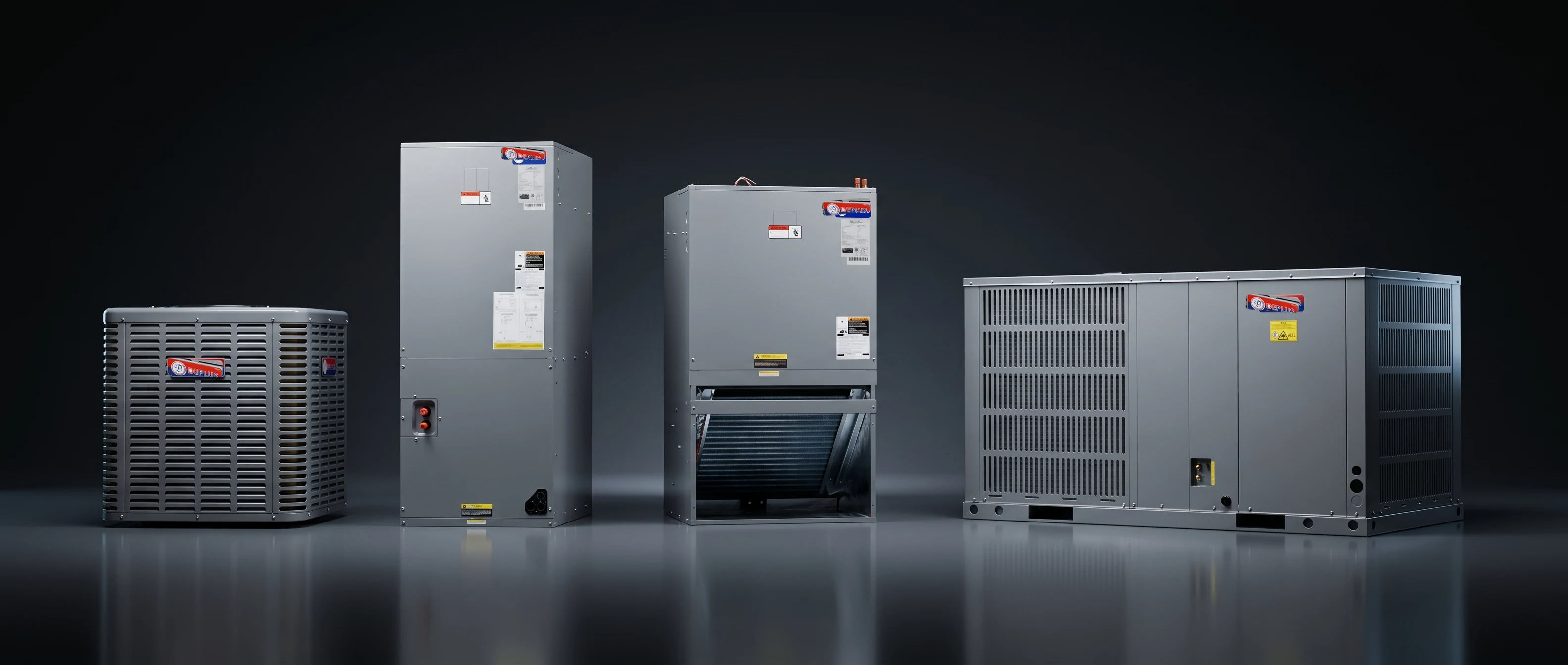 DEPLUS inverter air conditioner, multi-position air handler, wall-mount air handler, and packaged unit lined up together on a grey studio floor